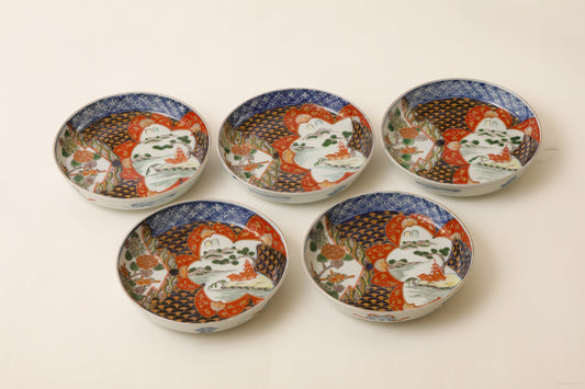 伊万里 色絵皿(紫陽花・菊)5客