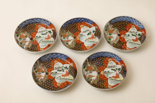 伊万里 色絵皿(紫陽花・菊)5客